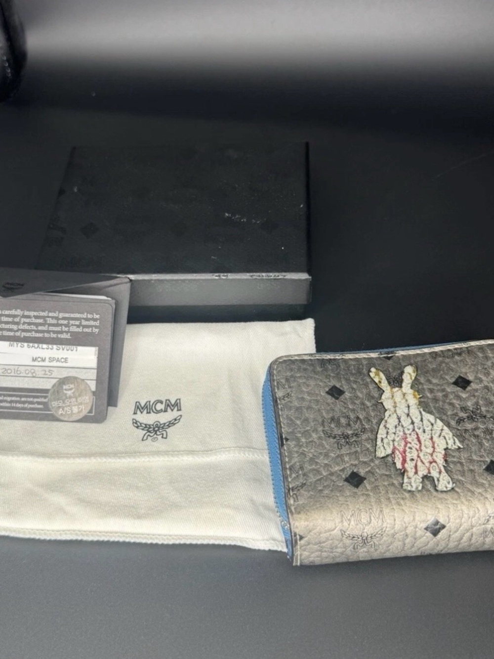 MCM Silver Monogram Card Holder with Blue Trim and Rabbit Motif